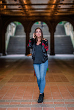 Load image into Gallery viewer, Red Rose Embroidered Reversible Bomber Jacket