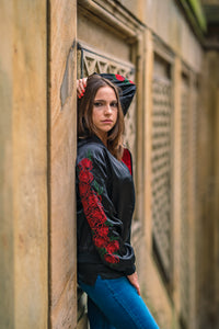 Red Rose Embroidered Reversible Bomber Jacket