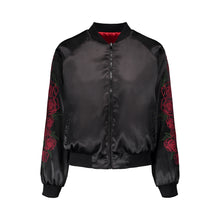 Load image into Gallery viewer, Red Rose Embroidered Reversible Bomber Jacket